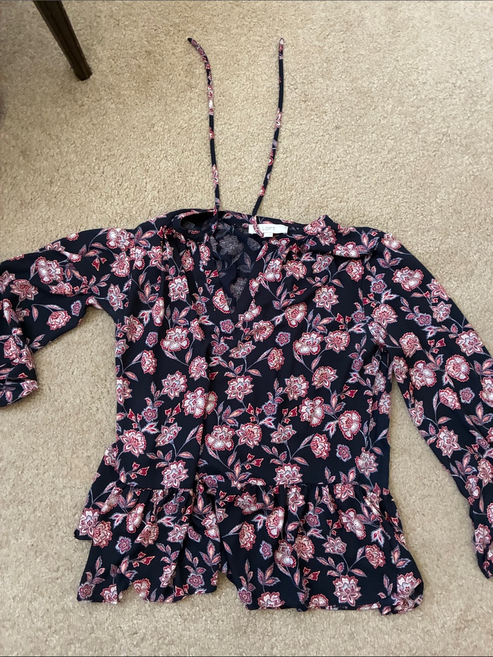 LOFT Navy Floral Tie-Neck Blouse with Pink Accents